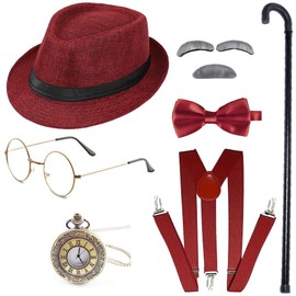 Gionforsy Old Man Costume Accessories Set Grandpa Accessories Set 1920s Mens Gatsby Gangster Costume with Newsboy Hat (Fedora Hat-Wine Red)