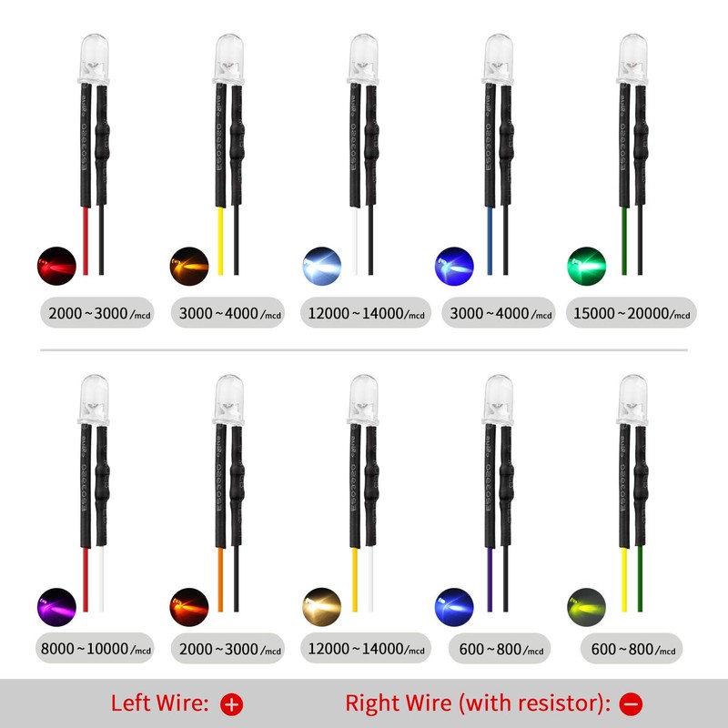 DiCUNO 100pcs(10 colors x 10pcs) 5mm 12V Prewired LED Light