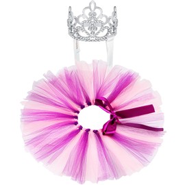 2 Pcs Dog Crown Headband Dog Tutu Dress Set Crystal Rhinestone Dog Tiara Crown Tutu Skirt Dog Dress Cute Pet Costume for Puppy Dog Birthday Party Wedding Photo Prop Costume (Pink Purple,X-Large)