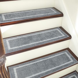 COSY HOMEER Soft Stair Treads Non-Slip Carpet Mat 28inX9in Indoor Stair Runners for Wooden Steps, Stair Rugs for Kids and Dogs, 100% Polyester TPE Backing 7pcs,Grey,Square