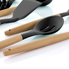 MegaChef Tool Cookware Utensil Set with Ceramic Holder, 9 Piece, Gray and Wood Texture