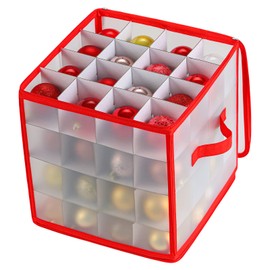 Plastic Christmas Ornament Storage Box with Zippered Closure [1-Pack], Hold 64 Christmas Balls Holiday Ornaments Holiday Ornament Storage Cube Organizer Christmas Chest with Dividers, Xmas Holiday Decoration Storage Containers with Lid (1, Red)