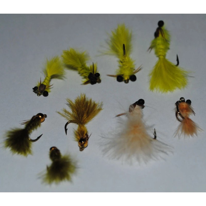 Unbranded Nymphs - Damsel, 9 flies, olive brown marabou Trout,