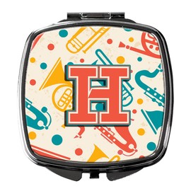 Caroline's Treasures CJ2001-HSCM Letter H Retro Teal Orange Musical Instruments Initial Compact Mirror Decorative Travel Makeup Mirror for Women Girls Gifts Pocket Makeup Mirror Folding Handheld