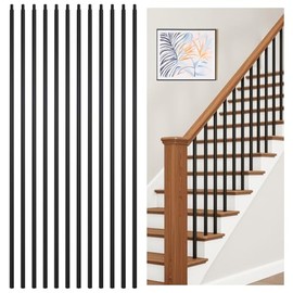 30P Wrought Iron Balusters Plain Bar for Staircase, 1/2" x 44" Square Hollow Spindles Deck Balusters, Black Metal Balusters for Stairs, Straight Stair Banister Spindles Railing