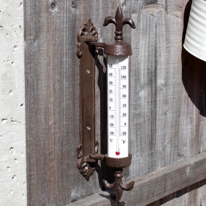 Cast Iron Fleur-de-Lis Wall Thermometer Antique Brown Window Frame Garden