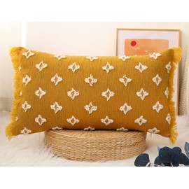 DRNOU Boho Long Lumbar Pillow Cover 14x20 with Tassel,3D Flower Patterned Cotton Decorative Long Lumbar Pillow Cover Pillow Case for Sofa Couch Bed Livingroom Farmhouse,Yellow