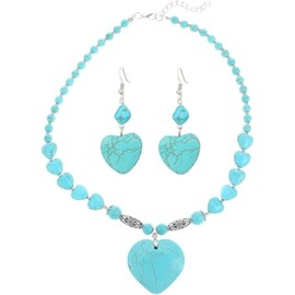Boho Turquoise Love Heart Necklace Earrings Set Retro Turquoise Beaded Necklace for Women Girls Heart Dangle Drop Earrings Jewelry Necklace Earrings (Green, One Size)