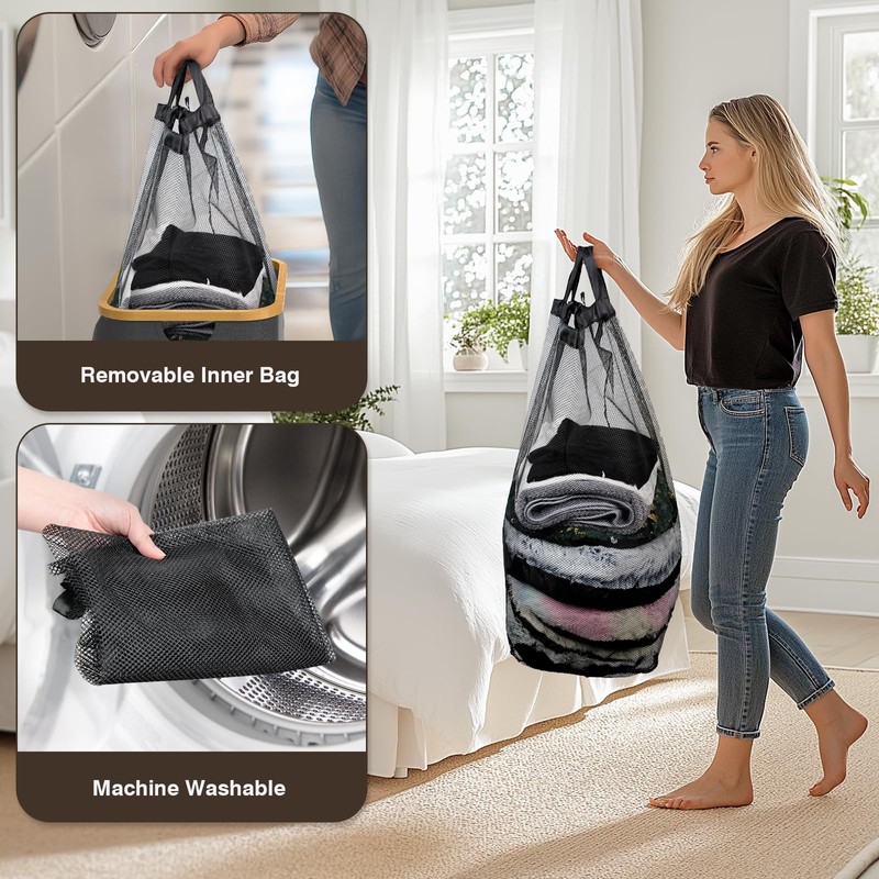 100L Laundry Hamper with Lid, Large Laundry Basket with Bamboo