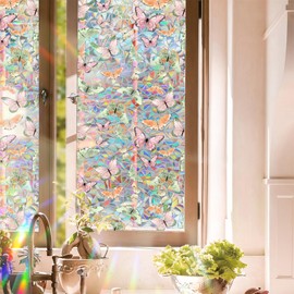WBQMUNY WBQMUNY Window Privacy Film,Butterflies Stained Glass Window Film,Rainbow Decorative Window Cling,Sun Blocking Static Cling Window Stickers,Room Home Decor Window Cover 17" x 39.4" (BL015)