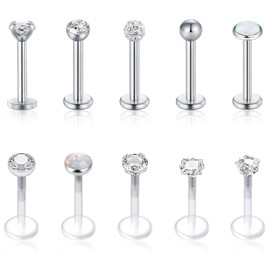 16G Lip Studs Push in Tragus Earrings, 10pcs 8mm Mixed Styles Stainless Steel Silver Lip Studs, Helix Piercing Threadless Lip Stud for Women Men