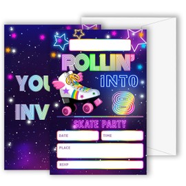 GOLRMC Roller Skate Birthday Invitations with Envelopes Set of 20, Retro Neon Roller Skating 8th Party Invites for Girls Kids & Boys, Party Favor & Decorations-A05