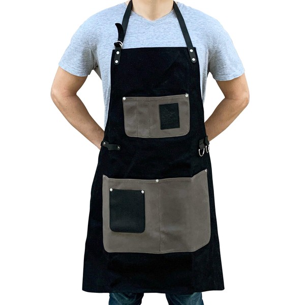 BBQ Butler BBQ Grill Apron - Durable Waxed Canvas - Mens Smoker Apron - Adult Unisex - Small to XXXL - Black/Grey