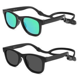 LIU·WEN Polarized Baby Sunglasses with Silicon Strap - Bendable Flexible for Infant Newborn Age 0-18 Months(Black/Green Mirror+Matte Black/Gray)