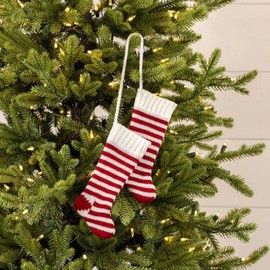 8" Red and White Stripe Knit Christmas Stocking Pair on String Ornament