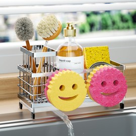HapiRm Sink Caddy Sponge Holder - Self-draining Kitchen Sink Organizer with Smiley Face and Brush Holder, Stainless Steel Kitchen Sponge Caddy for Countertop - Silver
