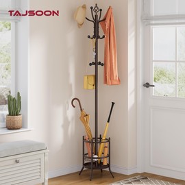 Tajsoon Coat Rack Stand with Umbrella Holder, Coat Tree Freestanding with 16 Hooks, Coat Hangers Stand for Living Room, Bedroom, Office, Brown