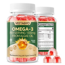 Vegan Omega 3 Gummies 1200mg - Dual Layer - Fish Oil Alternative, Marine Algae Omega 3 Supplement DHA 600mg, EPA 400mg with Astaxanthin,Sugar Free,60 Cts