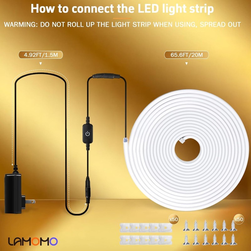 Lamomo Neon Rope Light, 24V Warm White Dimmable Rope Lights,