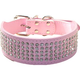 haoyueer Rhinestones Dog Collars 5 cm Width 5 Rows Full Sparkly Crystal Diamonds Dazzling Sparkling Elegant Fancy PU Leather Dog Collar for Medium & Large Dogs (S, Pink)