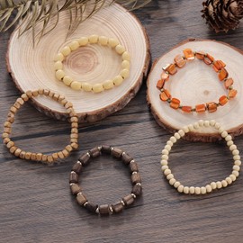 Coiris 5 Pcs Wood Beads Bracelet Bangle for Men and Women Elastic Adjustable Bracelet with Elastic Cord(BR-1214)