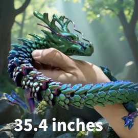 Joyroud 35.43" 3D Printed Dragon, Articulated Dragon, Crystal Dragon, Dragon Fidget Toy, Home Office Decor Executive Desk Toys (Rainbow Green)