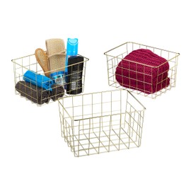 Relaxdays Storage Basket, 3x Set, Organiser, Wire, Metal, Cube, HxWxD: 15.5 x 28 x 20 cm, Office, Kitchen, Gold, Iron