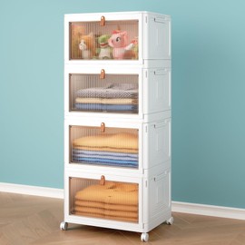 Wise Oannes 4 Tier Storage Bins with Lids, 23QT Stackable Closet Organizers and Storage with Wheels, Collapsible Storage Boxes, Foldable Plastic Storage Containers for Home,Office, Dorm Room | Wise Oannes