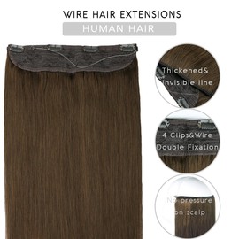 VINBAO Wire Human Hair Extensions Brown Invisible Wire Real Human Hair Extensions Chocolate Brown Secret Wire Human Hair Extensions Straight Brown Hair Extensions 70G 16 Inch (wire#4 16in)