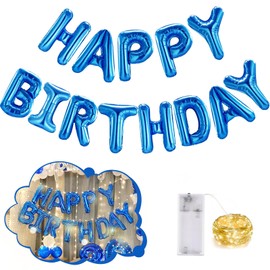 CANREVEL Happy Birthday Banner 13pcs 16 Inch Mylar Foil Letters Sign Balloons with LED Lights Birthday Party Decorations for Kids and Adults - 3D Blue