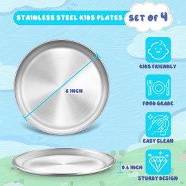 8 Inch Stainless Steel Toddler Plates Set of 4, Kids Dinner Metal Plates, Round Serving Salad Dishes for Camping Outdoor Party, Sturdy & Heavy Duty, Dishwasher Safe