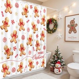 Mocsicka Merry Christmas Shower Curtain for Bathroom Cute Gingerbread Man Snowflake Shower Curtain for Christmas Bathroom Decor Waterproof Winter Holidays Bath Curtain, 72 X 72 Inch