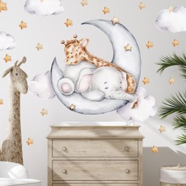WANDKIND Elephant and Giraffe on the Moon Wall Sticker V325 | Hand-Drawn | Sticker Nursery | Wall Sticker Children's Room Decoration with Stars (100 x 100 cm)