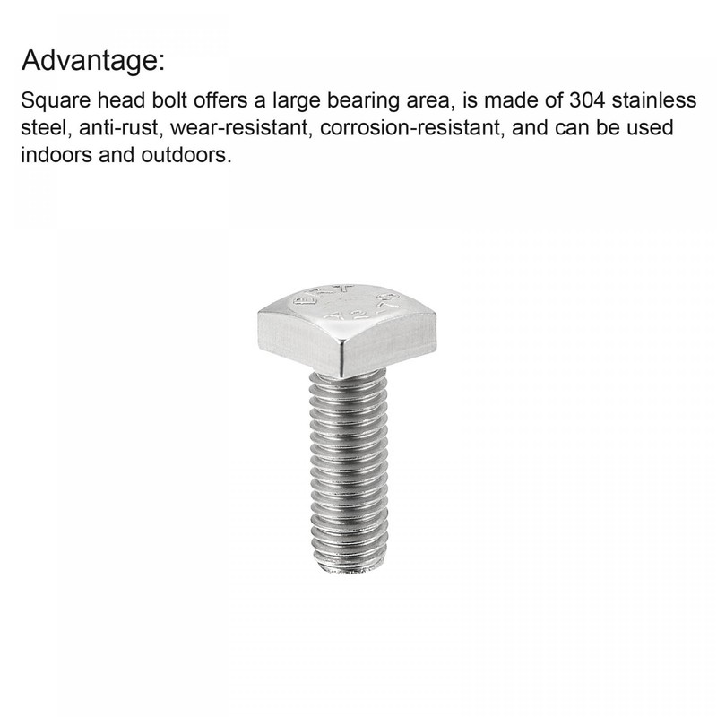 sourcing map Square Head Bolt, 2pcs M8x20mm Fully Thread 304