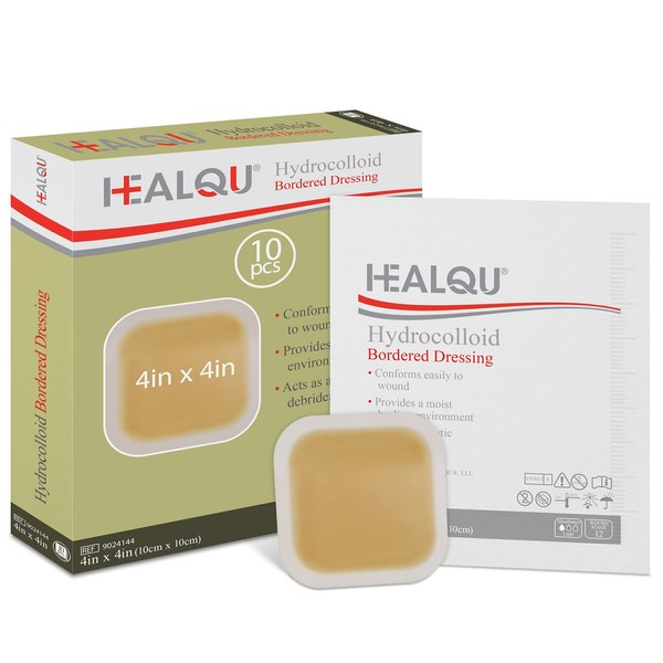 Healqu Hydrocolloid Wound Dressing - 4x4" Bordered - Box of 10 Large Bandages - Sterilized Bordered Hydrocolloid Patches for Bed Sores, Abrasions, and More - Waterproof and Absorbent with Protective