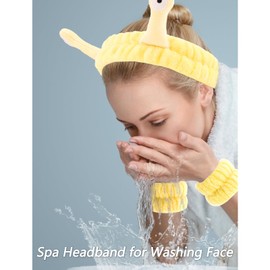 VELSCRUN Spa Headband, Makeup Face Wash Skincare Headbands, 5 Pcs Sponge Get Ready Snail Hairband Facial Wristband Hair Clip Set, Stuff for Teen Girls Women Trendy Hair Accessories Yellow