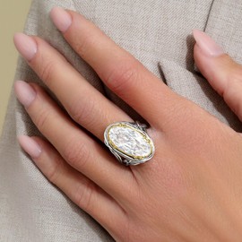 JEAN RACHEL JEWELRY Mixed Metal Oval CZ Wire Wrap Ring for Women - 925 Sterling Silver & 14K Gold Over Silver - Large Oval CZ Statement Ring - Hypoallergenic, Lead & Nickel Free - Handcrafted Design