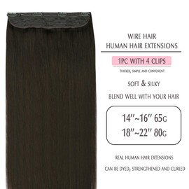 SURNEL Fish Line Hair Extensions Double Drawn Wire Hair Extensions 20 inch Color 2 Darkest Brown Thick Remy Fish Wire Hair Extensions Human Hair 80g(#2,20inch)