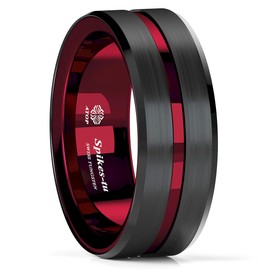 ATOP 8Mm Splicing Black Brushed Tungsten Carbide Ring With Comfort Fit Red Inner ring Wedding Band Ring Men Jewelry Delicate Style Gift, Tungsten Carbide