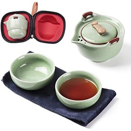 Travel Ceramic Tea Pot Set, 1 Pot 2 Cup Portable Chinese Kung Fu Teapot Set, Gongfu Porcelain Teacups with Carrying Case, for Outdoor Camping, Office, Picnic, Hotel Use