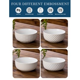 Pyrilo 26 oz Ceramic Cereal Bowls 6 Inch Soup Bowl for Kitchen Embossed Stoneware Soup Bowls for Cereal Soup Salad Pho Ramen Noodles Fruits Microwave & Dishwasher Safe Set of 4