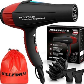 Secador de pelo profesional BELLFORNO iónico, 2200 W, motor CA potente, cerámica de turmalina, silencioso con difusor y 2 boquillas concentradoras, negro y rojo