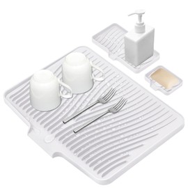 TIKNIK Silicone Dish Drying Mat for Kitchen Counter, Dish Drying Pad, Non-Slip Drain Pad with Built-in Drain, Heat Resistant Stone Drying Mat,Large 1 set XL(Ivory)