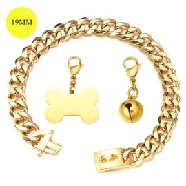 RUMYPET Gold Dog Collar 18k Cuban Link Chain 15mm/19mm Wide Chew Proof Strong Stainless Steel Walking Training for Medium Large Dogs 10-26inch(15mm,10inch), 10inch(neck girth:8inch to 9.5inch)