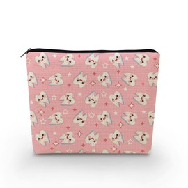 YULUENZE Cartoon Teeth Canvas Makeup Bag Pink Background Organizer Pouch with Zipper Cartoon Tooth Cosmetic Bag Present for Dentists Dental Patients Nurse Women