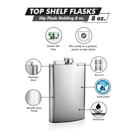 Hip Flask Holding 8 oz - Pocket Size, Stainless Steel, Rustproof, Screw-On Cap - Metallic Grey Finish Perfect for Engraving - Set of 4