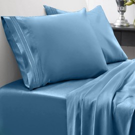 Sweet Home Collection 1800 Thread Count 21" Extra DEEP Pocket Sheet Soft Egyptian Quality Brushed Microfiber Luxury Bedding Set with Flat, Fitted, 2 Pillow Cases, King, Denim (Pack of 6)