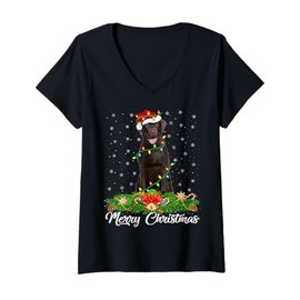 Womens Xmas Lighting Decor Santa Labrador Retriever Dog Christmas V-Neck T-Shirt