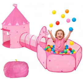 3 in 1 Kids Play Tent with Tunnel & Ball Pit,Pop Up Playhouse for Toddlers Boys Girls,Indoor Outdoor Foldable Space Tent Set for Birthday Balls Not Included（Pink Heart）
