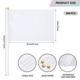 Remerry 50 Pcs White Small Mini Flags Bulk Sublimation Blank Flags Solid Plain White Flag Hand Held DIY Miniature Flags on Stick for Garden Car Parades Grand Opening Birthday Wedding Party Events Celebration